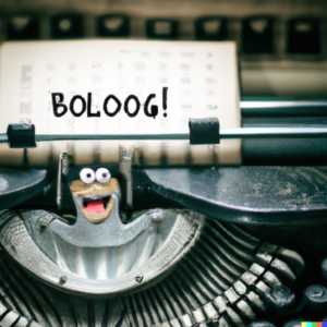 Ai generated art typewriter with funny face the words boloog!